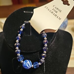 New Blue Silver Beaded Bracelet Stretchy Band Carol For Eva Graham Gift Jewelry